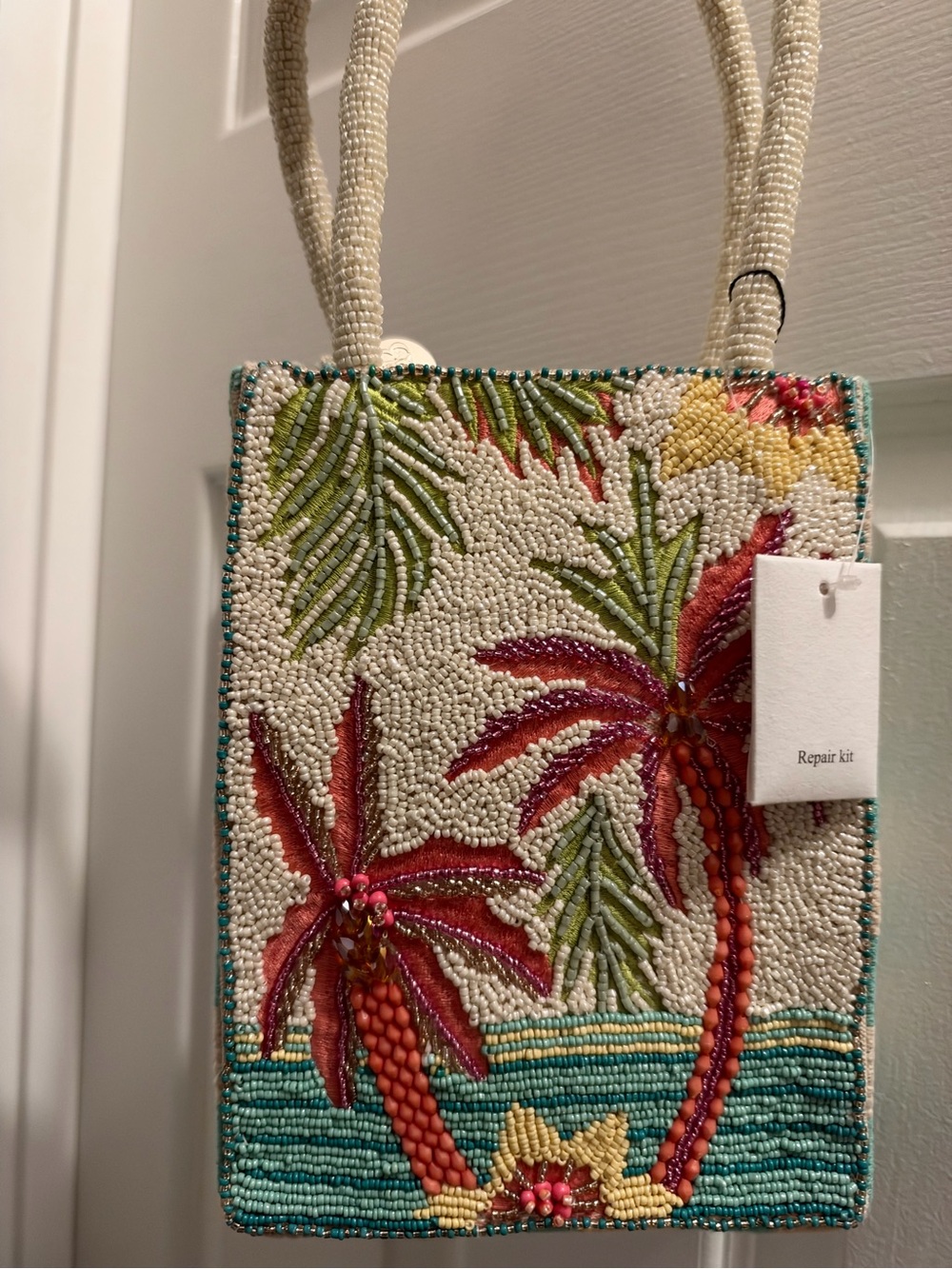 Beaded Tropical Palm Tote in Cream and Coral